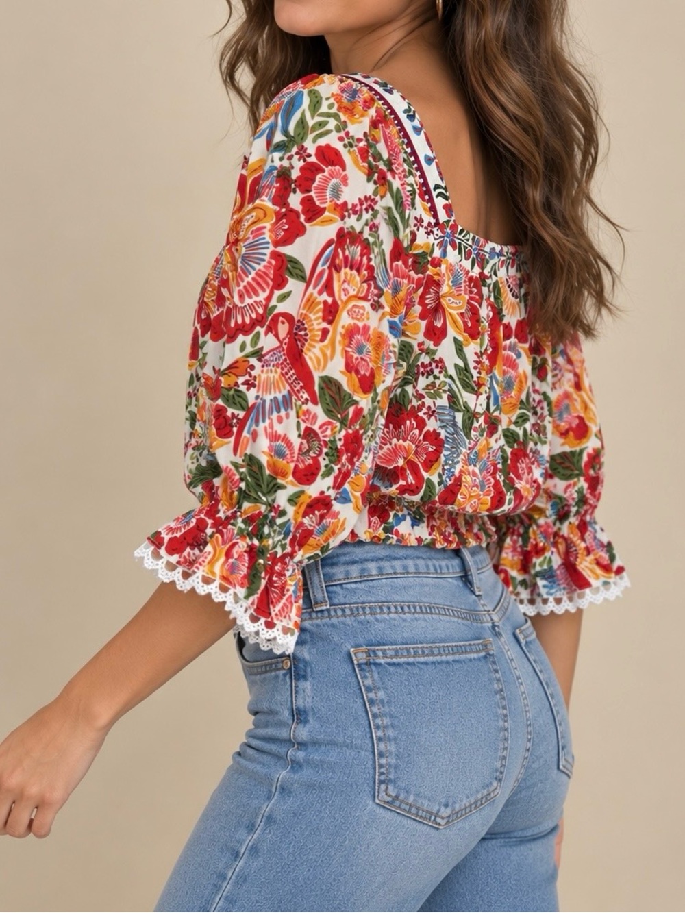 Farm Rio Floral Print Cropped Blouse Size Small 100% Viscose EUC